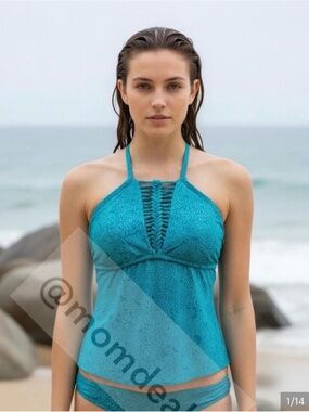 Catalina Teal Floral Halter Tankini Top - Large 12-14